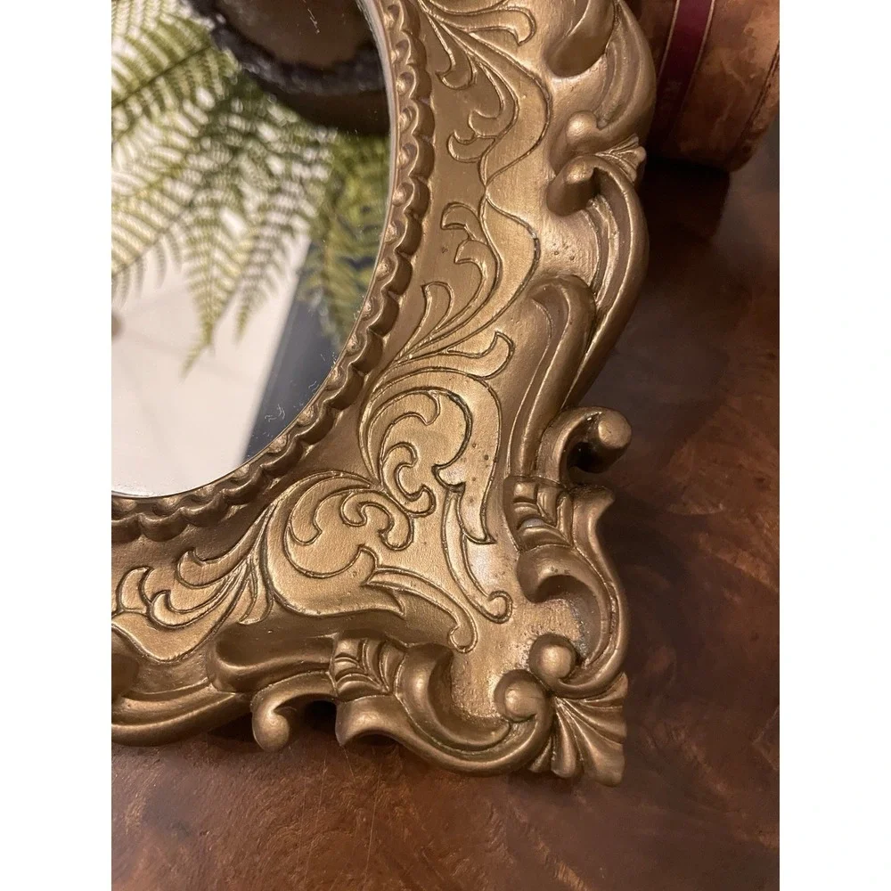 Vtg Ornate Gold Hollywood Regency Scroll Etched Design Resin Wall Mirror 7.5x9